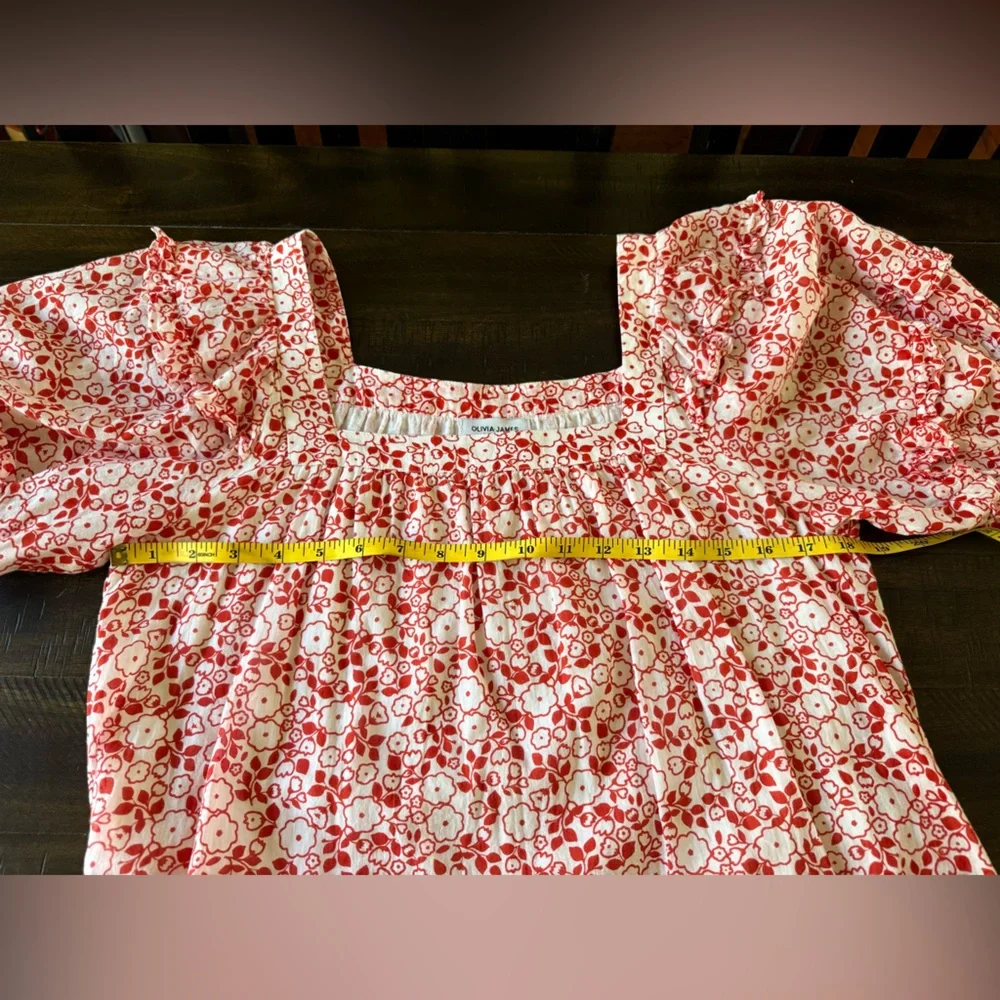 Red & White Floral‎ Square Neck Puff Sleeve Cotton Dress size Small - Picture 7 of 10